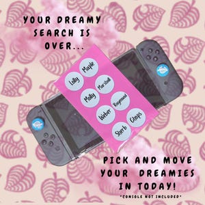May include: A pink sheet of paper with white circles containing the names of Animal Crossing characters: Lolly, Maple, Molly, Marshall, Weber, Raymond, Sherb, and Chops. The sheet of paper is placed on top of a Nintendo Switch console with a light blue Joy-Con controller. The background is a pink and white pattern of stylized leaves.