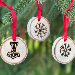 Yule Ornaments, Vegvisir Ornament, Mjolnir Ornament, Helm of Awe, Pagan Ornament, Norse Ornament image 1