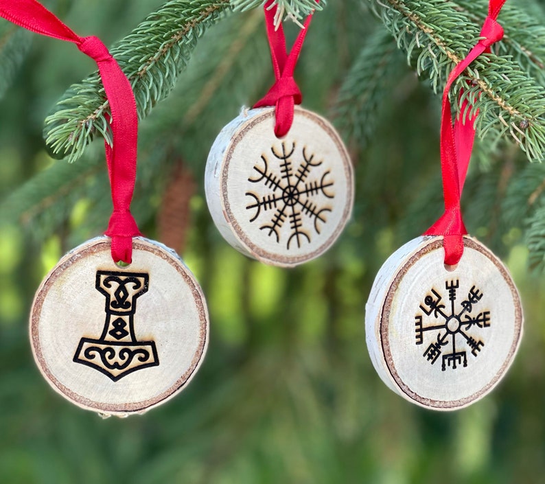 Yule Ornaments, Vegvisir Ornament, Mjolnir Ornament, Helm of Awe, Pagan Ornament, Norse Ornament image 1