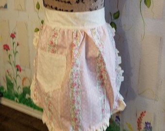 XL Half Apron Handmade with Roses and Pocket