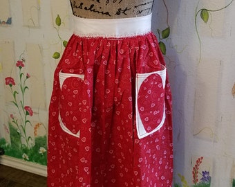 XL Handmade Half Apron with Heart Pockets Red Pink