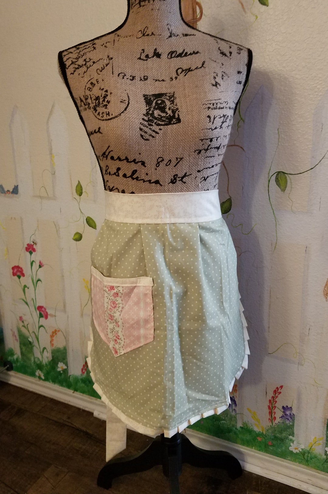 Grembiule da donna con tasche, grembiule con volant, per feste in