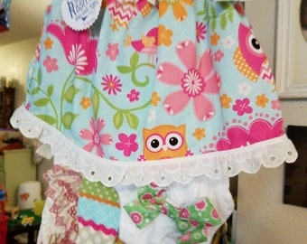 Size 3-6 months Owls and Flowers PILLOWCASE Dress Set with Matching Bloomers and Head Wrap