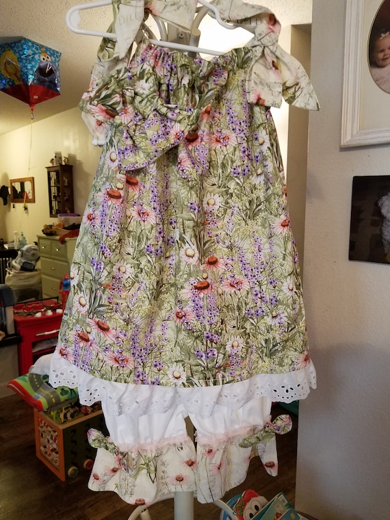 Size 5t Floral PILLOWCASE Dress with Eyelet Lace Trim and Matching Bloomers and Head Wrap