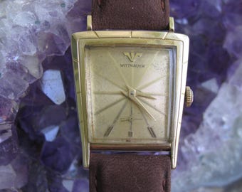 Wittnauer Vintage 10k YGF 17 Jewel Trapezoid Wrist Watch, Mid Century Modern