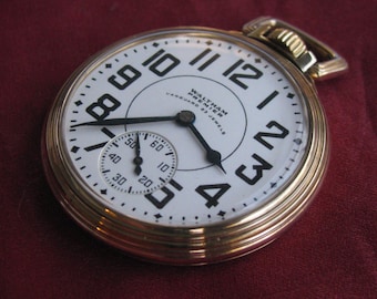 Reloj de bolsillo ferroviario Waltham Premier Vanguard 16s 23j, caja de estilo art déco de oro amarillo y grafeno de 10k.