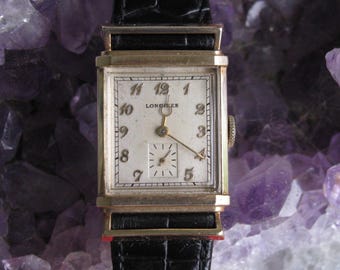 Longines Vintage 14K Gold Deco Wrist Watch, Fancy Lugs, 14K Gold Buckle