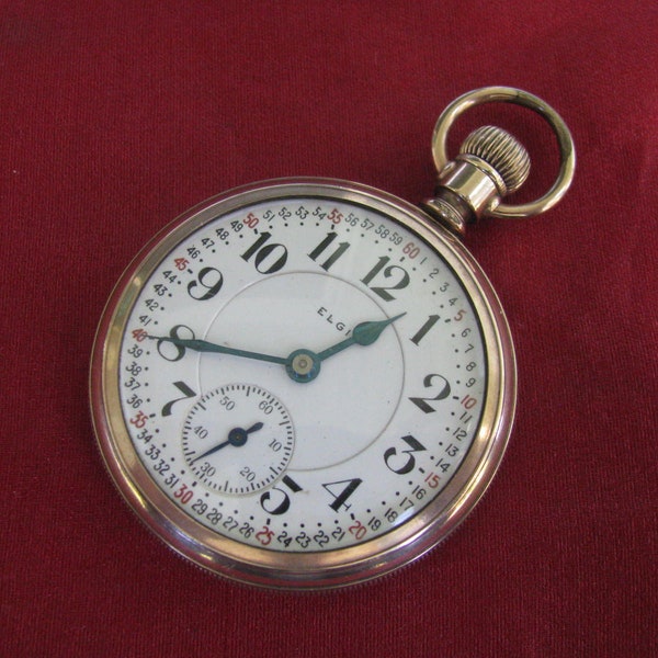 Elgin Father Time Antique 16s 21j YGF Railroad Pocket Watch, Montgomery Dial