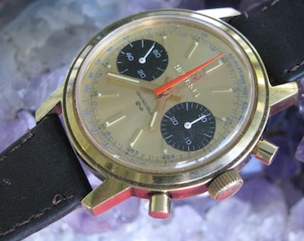 Vintage Helbros Golden Panda Vergoldete Chronograph Armbanduhr, Valjoux 23