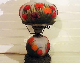 Hurricane Lamp, Vintage Lamp, Vintage Hurricane Lamp, Floral Lamp, Glass Table Lamp