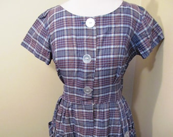 Vintage 1950s blue and brown plaid dress