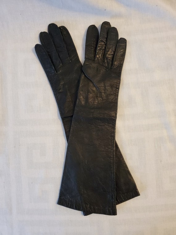 Vintage 1950s black leather gloves//1950s black le