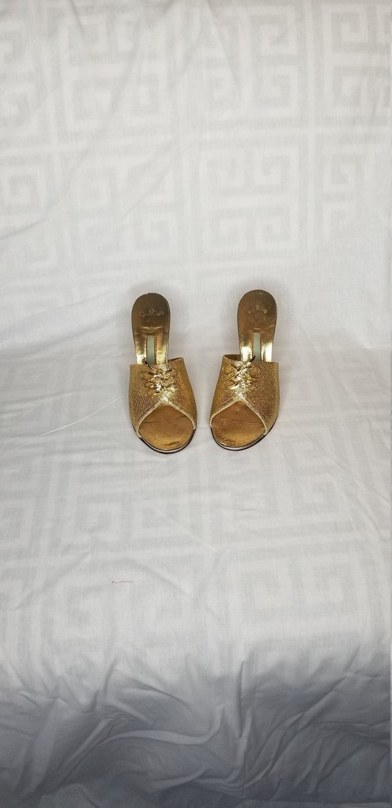 Vintage 1950s Gold lame heels//1950s gold mule hee