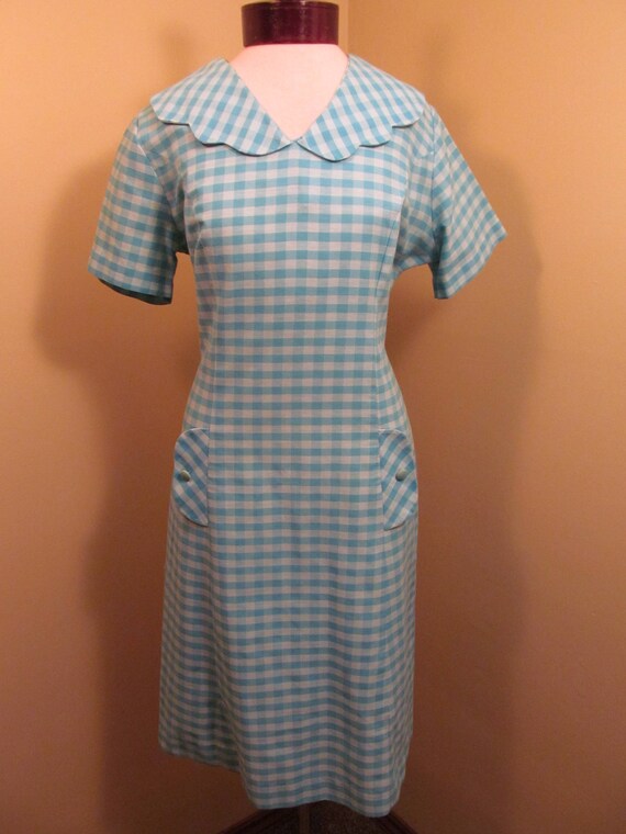 Vintage 1960s Blue check peter pan collar dress//1