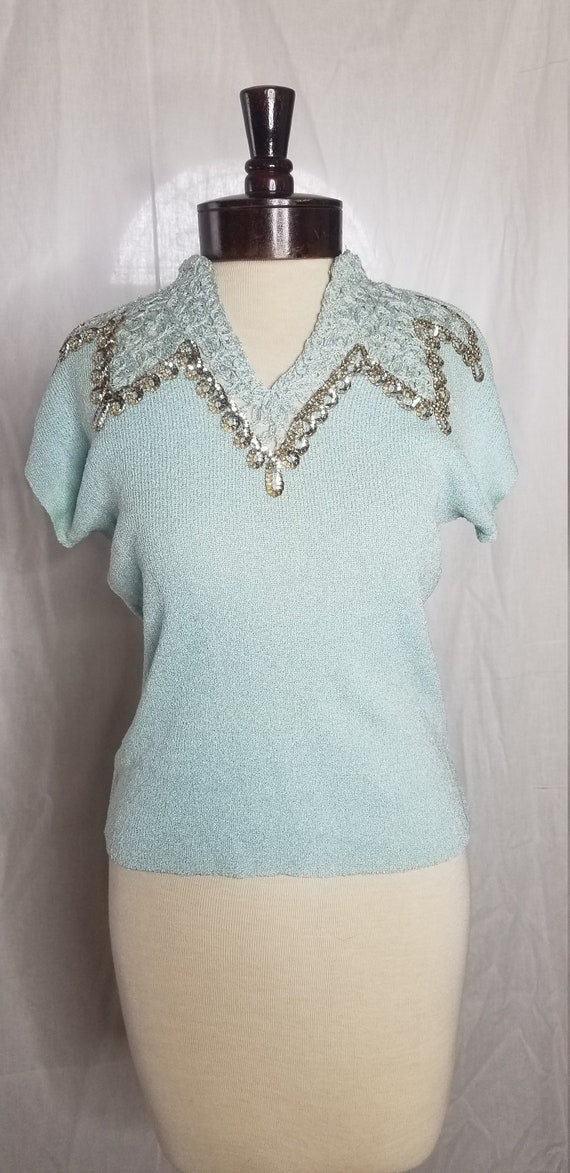 Vintage 1940s/1950s blue rayon blouse//Vintage 194