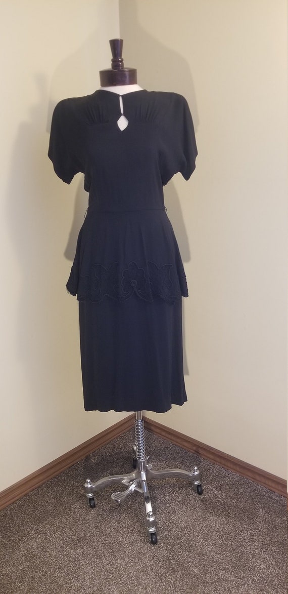 Vintage 1940s black rayon dress // 1940s peplum dr