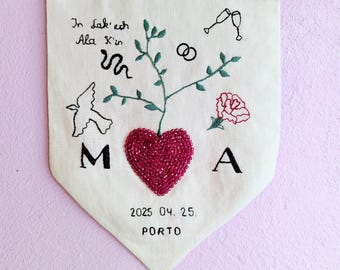 Hand-Embroidered Boho Wedding Gift | Personalized Linen Wall Art