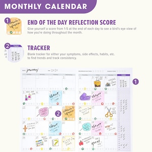 May include: A monthly calendar planner with a pink and purple header that says "Monthly Calendar". The calendar is for January 2020 and includes daily boxes for tracking appointments, tasks, and other events. There are also sections for tracking symptoms, side effects, habits, and a daily reflection score. The calendar is decorated with colourful illustrations and handwritten notes.