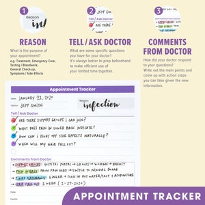 May include: A printable appointment tracker template with a pink and purple colour scheme. The template includes sections for the date, doctor's name, reason for the appointment, questions to ask the doctor, and comments from the doctor. The template is titled "Appointment Tracker".