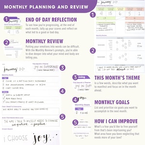 May include: A colourful printable planner with a monthly planning and review theme. The planner includes sections for end of day reflection, monthly review, monthly goals, and how I can improve. The planner features a bright pink, blue, and green colour scheme.