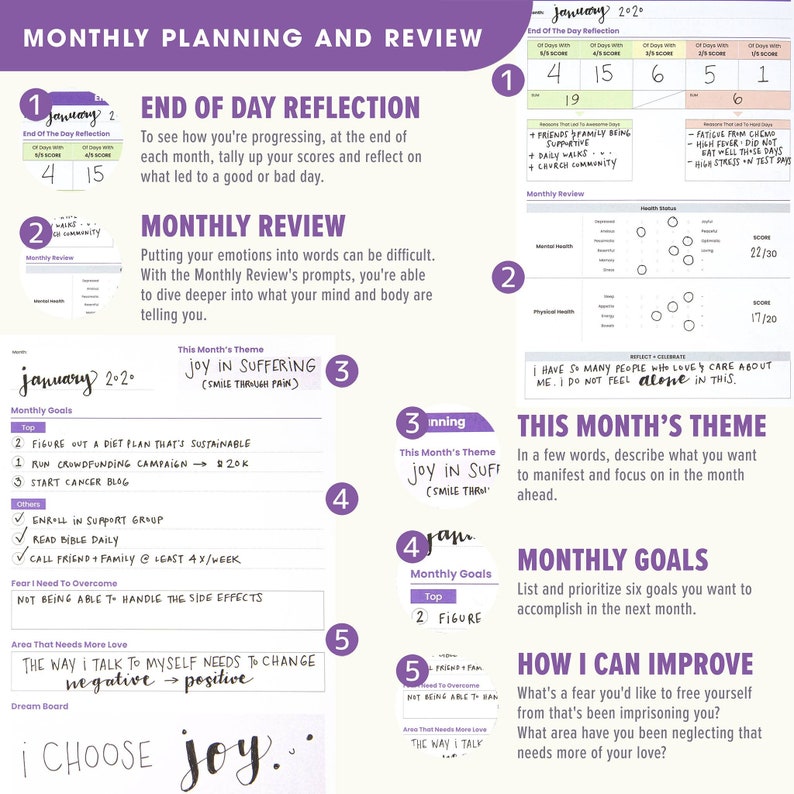 May include: A colourful printable planner with a monthly planning and review theme. The planner includes sections for end of day reflection, monthly review, monthly goals, and how I can improve. The planner features a bright pink, blue, and green colour scheme.