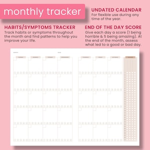 Peut inclure: Un planificateur mensuel imprimable avec un calendrier, un suivi des habitudes et une section de score de fin de journ&eacute;e. Le calendrier n'est pas dat&eacute; et comprend une section pour suivre les habitudes ou les sympt&ocirc;mes. La section de score de fin de journ&eacute;e permet de noter chaque journ&eacute;e sur une &eacute;chelle de 1 &agrave; 5.