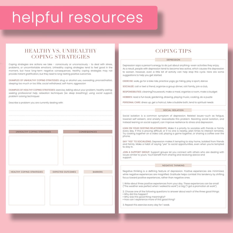 Peut inclure: Une feuille de travail imprimable avec des conseils pour faire face &agrave; la d&eacute;pression et &agrave; l'isolement social. La feuille de travail comprend des sections sur les strat&eacute;gies d'adaptation saines et malsaines, des conseils pour la d&eacute;pression, l'isolement social et la pens&eacute;e n&eacute;gative. La feuille de travail est con&ccedil;ue pour aider les gens &agrave; g&eacute;rer leur sant&eacute; mentale.