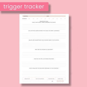 Peut inclure: Une feuille de calcul imprimable de suivi des d&eacute;clencheurs avec des sections pour enregistrer la date, l'&eacute;motion, l'intensit&eacute;, l'&eacute;v&eacute;nement d&eacute;clencheur, les croyances et les suppositions, les sensations corporelles, ce que vous ressentez comme envie de faire ou de dire, et la r&eacute;ponse la plus saine. Elle comprend &eacute;galement des sections pour enregistrer la date de la r&eacute;ponse, la fa&ccedil;on dont vous avez r&eacute;pondu, le score de la r&eacute;ponse et l'humeur actuelle.