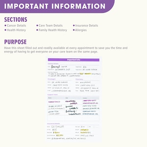 May include: A pink and purple sheet with the title "Important Information" and sections for cancer details, care team details, insurance details, and health history. The sheet includes a sample form with information about breast cancer, including the diagnosis date, stage, and treatment plan. The form also includes contact information for the oncologist, pharmacy, and support team.