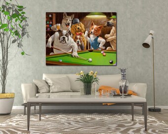 dogs playing pool canvas art