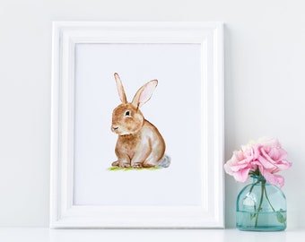 Watercolor Bunny Rabbit Art Print, Nursery Art, Nursery Animal Poster, Baby Bunny Watercolor Painting