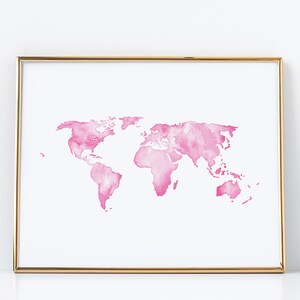 Impressão em aquarela de mapa-múndi Blush, mapa-múndi rosa, impressão de viagem, arte de parede de mapa, impressão de arte giclée, decoração de parede de berçário, Blush monocromático