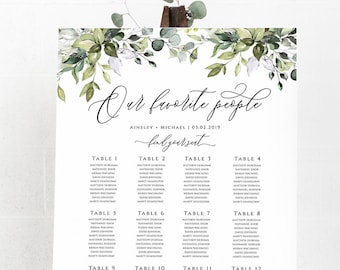 Bruiloft zitplaatsen grafiek poster sjabloon, bewerkbaar, onze favoriete mensen, groen, rustiek, boho, direct downloaden, horizontaal, verticaal, BD44