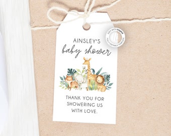 May include: A white thank you tag with a jungle animal theme. The tag says "Ainsley's baby shower" and "Thank you for showering us with love."