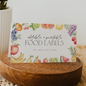 Modèle modifiable d'étiquettes d'aliments sur le thème des fruits, cartes de nourriture imprimables Two-tti Frutti, marque-places sur le thème de l'été, fête d'anniversaire fruitée, BD209
