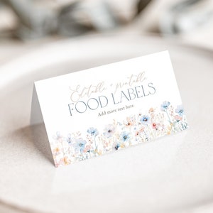 Modèle de marque-place modifiable fleurs sauvages bleu poussiéreux, cartes de noms de mariage aquarelle fleurs sauvages, marque-places imprimables, fleurs bleues, BD205