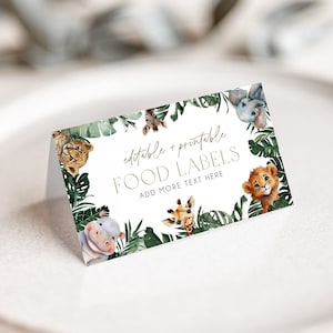 Wild One Food Label Name Karten Vorlage, Wild One Safari Geburtstag Food Cards, Safari Party, Dschungeltiere, BD183
