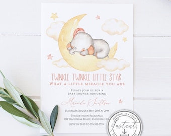 Elephant Baby Shower Editable Invitation, Twinkle Twinkle Little Star, Baby Girl, Baby Shower Invite, Stars and Moon, Instant Download BD57