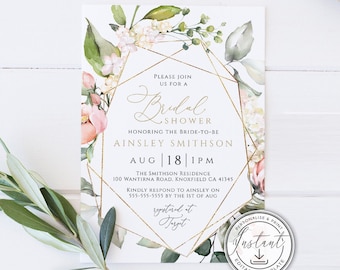 Blush Pink Floral Bridal Shower Invitation, Editable Template (Digital Download)