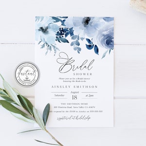 Dusty Blue Bridal Shower Editable Invitation Template, Blue Floral Invitation, Instant Download, Watercolor Floral, Printable Invite - BD93