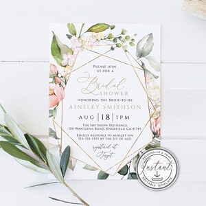 Blush Pink Bridal Shower Editable Invitation, Bohemian Bridal Shower, Eucalyptus Greenery, Printable Invitation, Pink Floral, Rustic, BD54