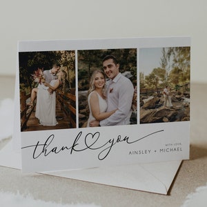 Carte de remerciement de mariage minimaliste, plusieurs photos, téléchargement immédiat, carte de remerciement imprimable, merci de mariage moderne pliée, pose à plat V2