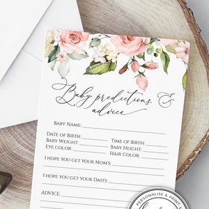 Modèle de carte de jeu modifiable prédictions et conseils pour bébé fard à joues, baby shower bohème, aquarelle florale, téléchargement immédiat, carte imprimable, BD54