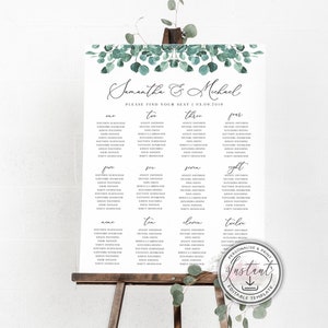 Editable Greenery Wedding Seating Chart Template, Eucalyptus, Rustic Table Plan, Wedding Seats Plan, DIY Table Plan Seating Chart Board BD65
