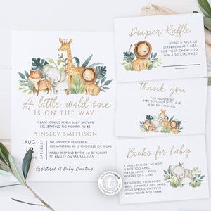 Safari Baby Shower Invitation Suite Bundle, Editable Template, Jungle, Gender Neutral, Instant Download, Invitation, Card Insert, BD47
