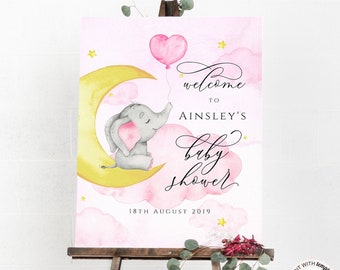Editable Baby Shower Welcome Sign, Elephant Girl (Digital Download)