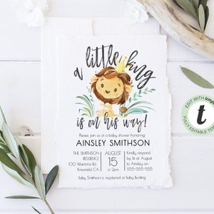 Baby Shower Editable invitation, A Little King is on his way, Baby Boy, Printable Invitation, Baby Animals, Cute Animals, BD38