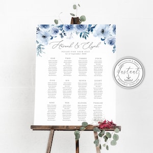 Stoffige blauwe bruiloft zitplaatsen grafiek, bruiloft stoelen plan, blauwe bloemen tafel poster, rustieke bruiloft zitplank, bewerkbare zitplaatsen grafiek-BD93