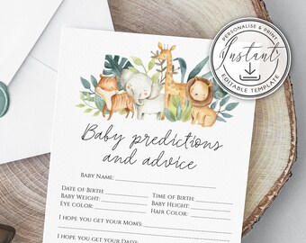 Safari Baby Predictions & Advice Editable Card Template, Jungle Baby Shower, Baby Shower Game, Activity, Safari Animals, Printable Card BD47