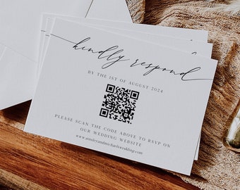 May include: A white RSVP card with black text that reads "Kindly respond by the 1st of August 2024". A black and white QR code is below the text. The text "Please scan the code above to RSVP on our wedding website" is below the QR code. The website address is "www.ainsleyandmichaelswedding.com".